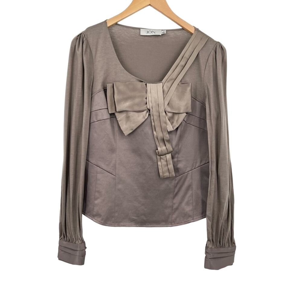 Teri Jon brown silk blend scoop neck bow appliqué long sleeve blouse size 8